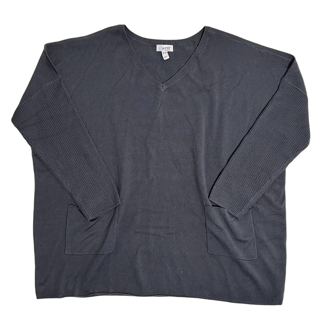 D & Co Sweater Women's V-Neck Pullover Gray Knit 2XL Pockets